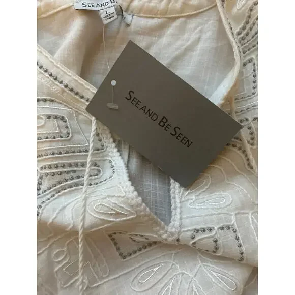 See and Be Seen Cotton Blouse White Size Large Silver Embroidery Poms NWT - Picture 7 of 9